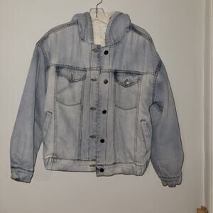 Women's Large Ivy&Main Blue & White Jean Jacket Hooded Distressed Fleece Sherpa